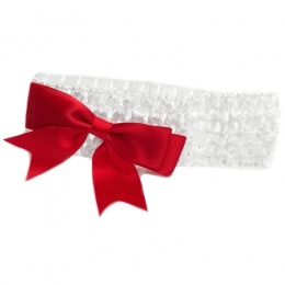 Baby Girls White Crochet Headband with Medium Satin Red Bow